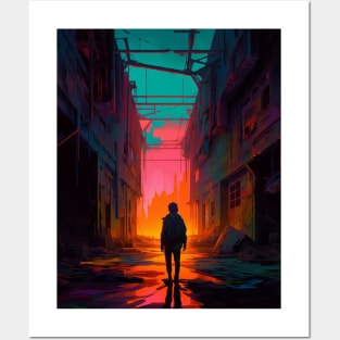 lost boy in a cyber neon cityscape Posters and Art